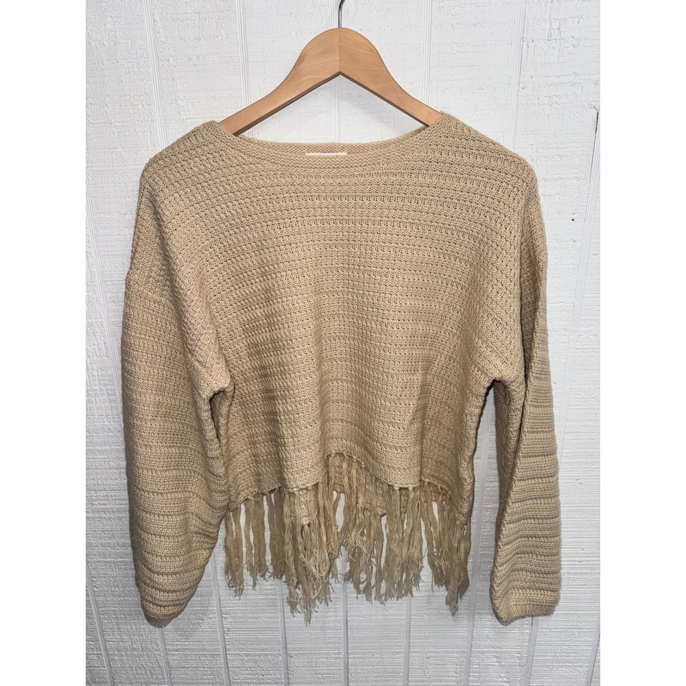 Umgee Fringe Hem Sweater Womens Tan Textured Knit Boho Pullover S K7541